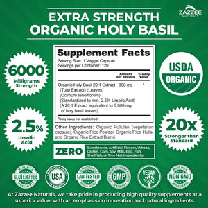 Zazzee USDA Organic Holy Basil 20:1 Extract, 6000 Mg Strength, 2.5% Ursolic Acid, 120 Vegan Capsules, 4 Month Supply, Concentrated and Standardized 20X Tulsi Extract, 100% Certified Organic, Non-Gmo 