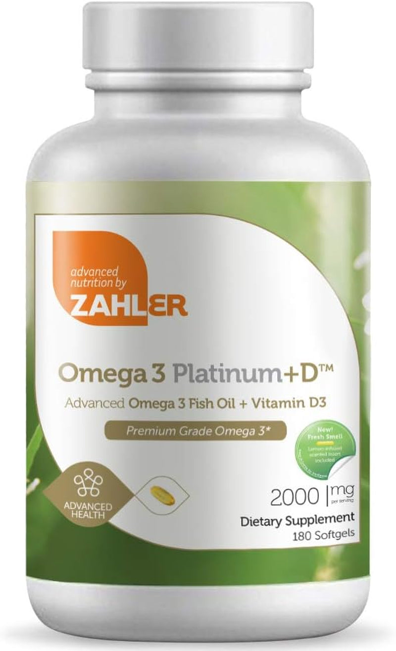 Zahler Omega 3 Platinum +D, All-Natural Pure Fish Oil Supplement, Burpless Softgel with No Fishy Aftertaste, Highest in EPA and DHA, Certified Kosher, 180 Softgels