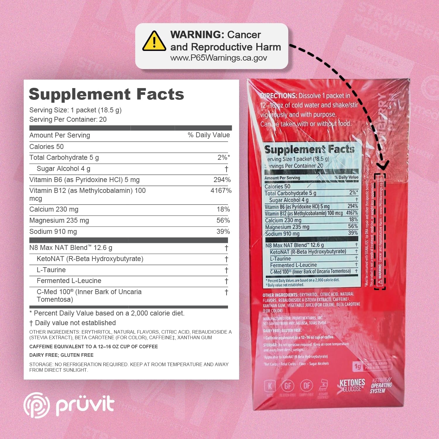 PRÜVIT Keto//Os NAT® Strawberry Peach Keto Supplements – Charged - Exogenous Ketones - BHB Salts Ketogenic Supplement for Workout Energy Boost for Men and Women (20 Count)