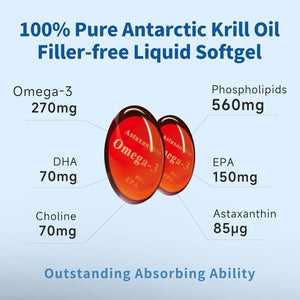 Krill Oil Omega 3 Supplement 1000Mg 90 Softgels EPA & DHA, 100% Pure Antarctic Krill Oil with Astaxanthin and 56% Phospholipids Laboratory Tested