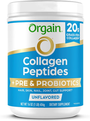 Hydrolyzed Collagen Peptides + Prebiotic & Probiotics Powder for Women & Men, 20G Grass Fed Collagen, 1 Billion CFU - Supports Digestive, Hair, Skin & Joint Health, Non-Gmo, Type I & III, 1Lb 