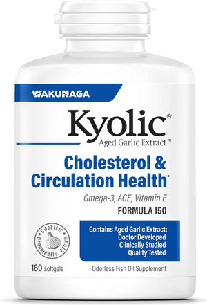 Kyolic Aged Garlic Extract Formula 150, Cholesterol and Circulation Health, Omega-3 180 Soft Gels (Packaging May Vary)