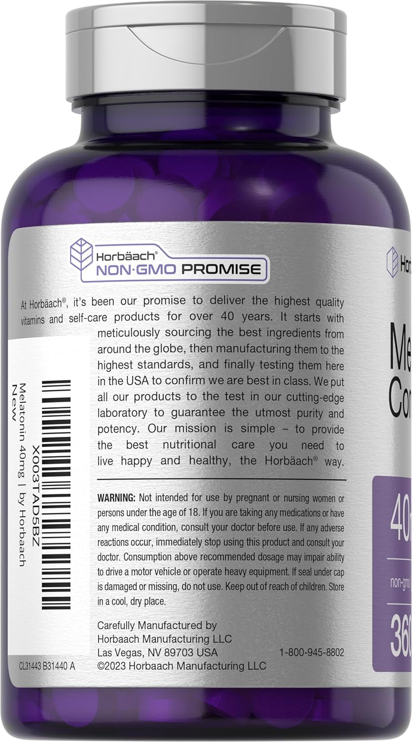 Horbäach Melatonin 40Mg Complex | 360 Fast Dissolve Tablets | Adult Extra Strength Supplement | with Chamomile and Ashwagandha | Vegetarian, Non-Gmo, Gluten Free