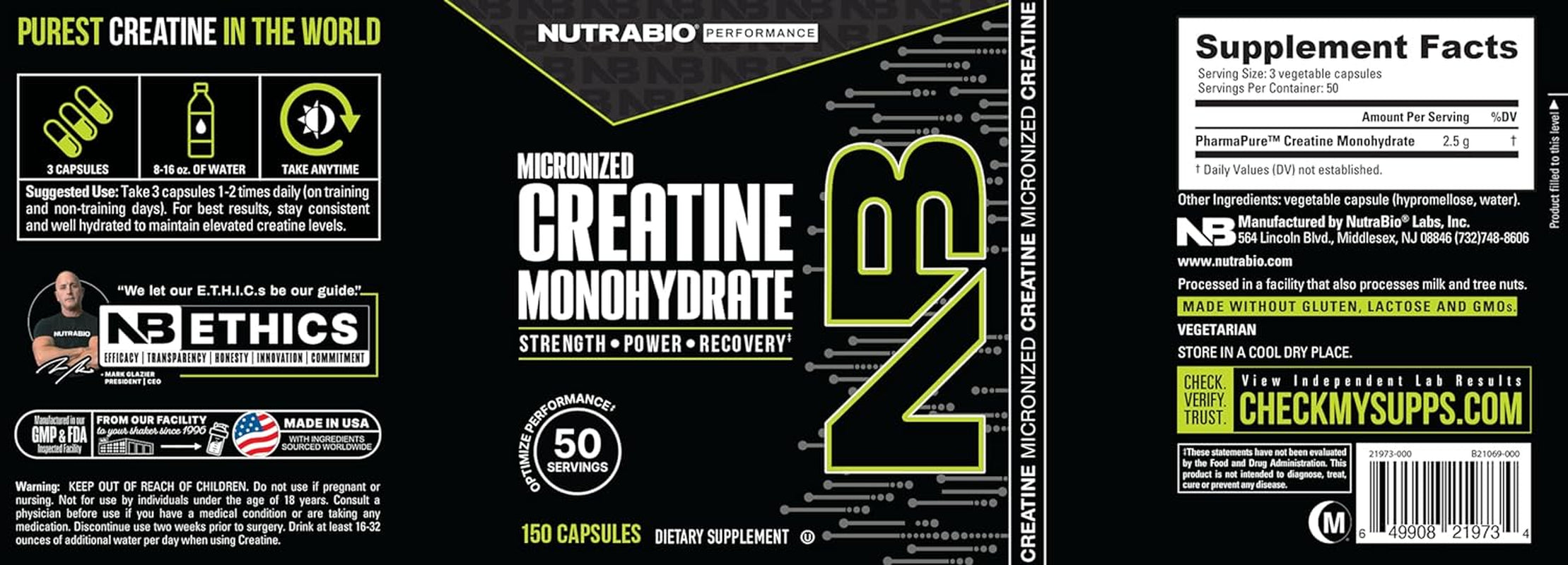 Nutrabio Micronized Creatine Monohydrate Capsules, Keto Friendly, Supports Muscle Energy, Strength, and Growth, 2500Mg, 150 Capsules