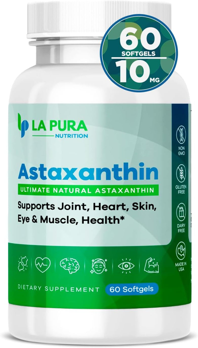 Lapura Natural Astaxanthin 10Mg, 60 Softgel Capsules – Pure, Non-Gmo, Gluten-Free Supplement Made from Algae, Antioxidant, Supports Joint, 