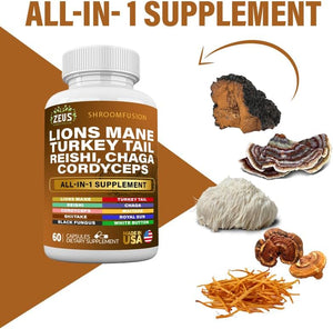 Lions Mane Capsules, Mushroom Supplement with Turkey Tail, Cordyceps Reishi Chaga, Alt to Mushroom Gummies or Mushroom Coffee, Made in USA (60 Count)