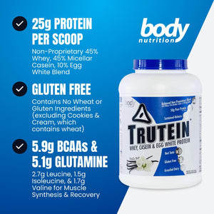 Body Nutrition Trutein High Protein Powder: 45% Whey, 45% Casein, 10% Egg White, Gluten-Free, Low Sodium, Grass Fed Whey Protein Powder, Gym Supplement & Breakfast Shake, Red Velvet Cake, 34G Sample