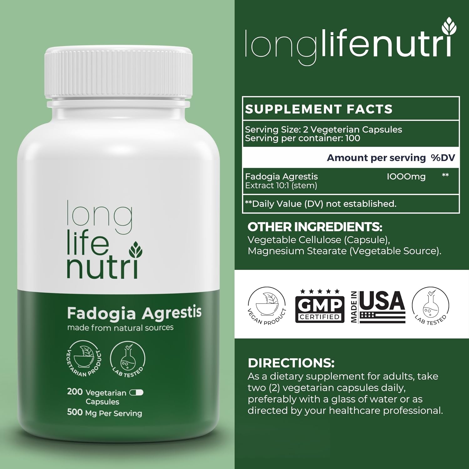 Fadogia Agrestis 500Mg per Serving, 200 Vegetarian Caps, 10:1 Extract (Stem), Promotes Healthy Testosterone, Energy & Endurance, Vitality & Athletic Performance, American Made