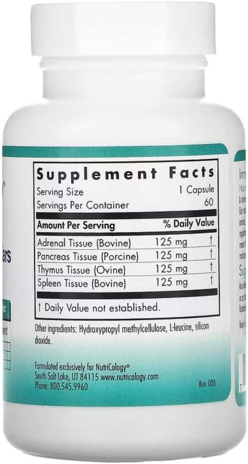 Nutricology Immoplex Glandulars Supplement - Pancreas, Adrenal, Thymus, Spleen, Beef Organ Complex, Bovine, Ovine, Vegetarian Capsules - 60 Count