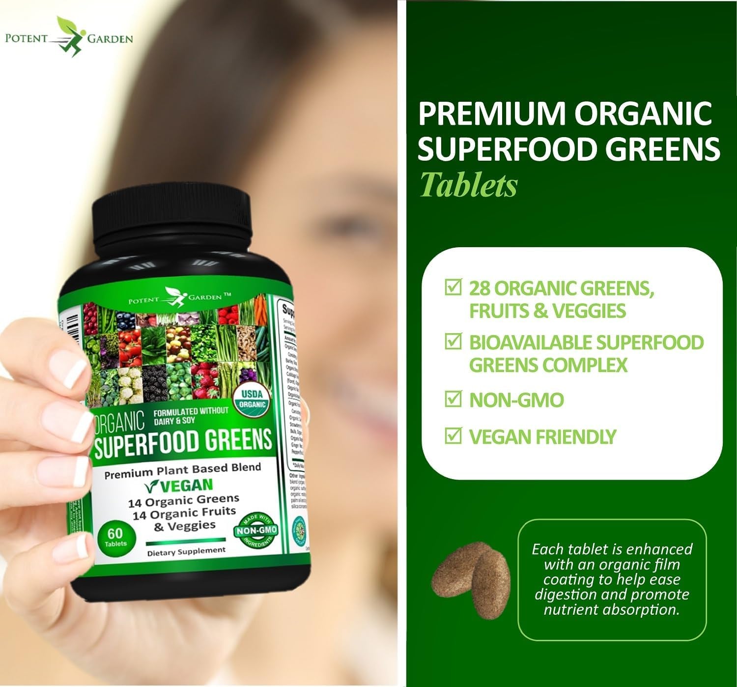 Organic Superfood Greens, Fruit and Veggies Supplement Rich in Vitamins & Antioxidants with Alfalfa, Beet Root & Tart Cherry to Boost Energy, Immunity & Gut Health, Greens Tablets 60 Ct 