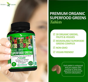Organic Superfood Greens, Fruit and Veggies Supplement Rich in Vitamins & Antioxidants with Alfalfa, Beet Root & Tart Cherry to Boost Energy, Immunity & Gut Health, Greens Tablets 60 Ct 