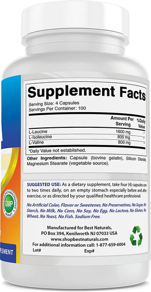 Best Naturals BCAA Branch Chain Amino Acid, 3200Mg per Serving, 400 Capsules - Pharmaceutical Grade - 100% Pure Instantized Formula | Pre/Post Workout Bodybuilding Supplement | Boost Muscle Growth