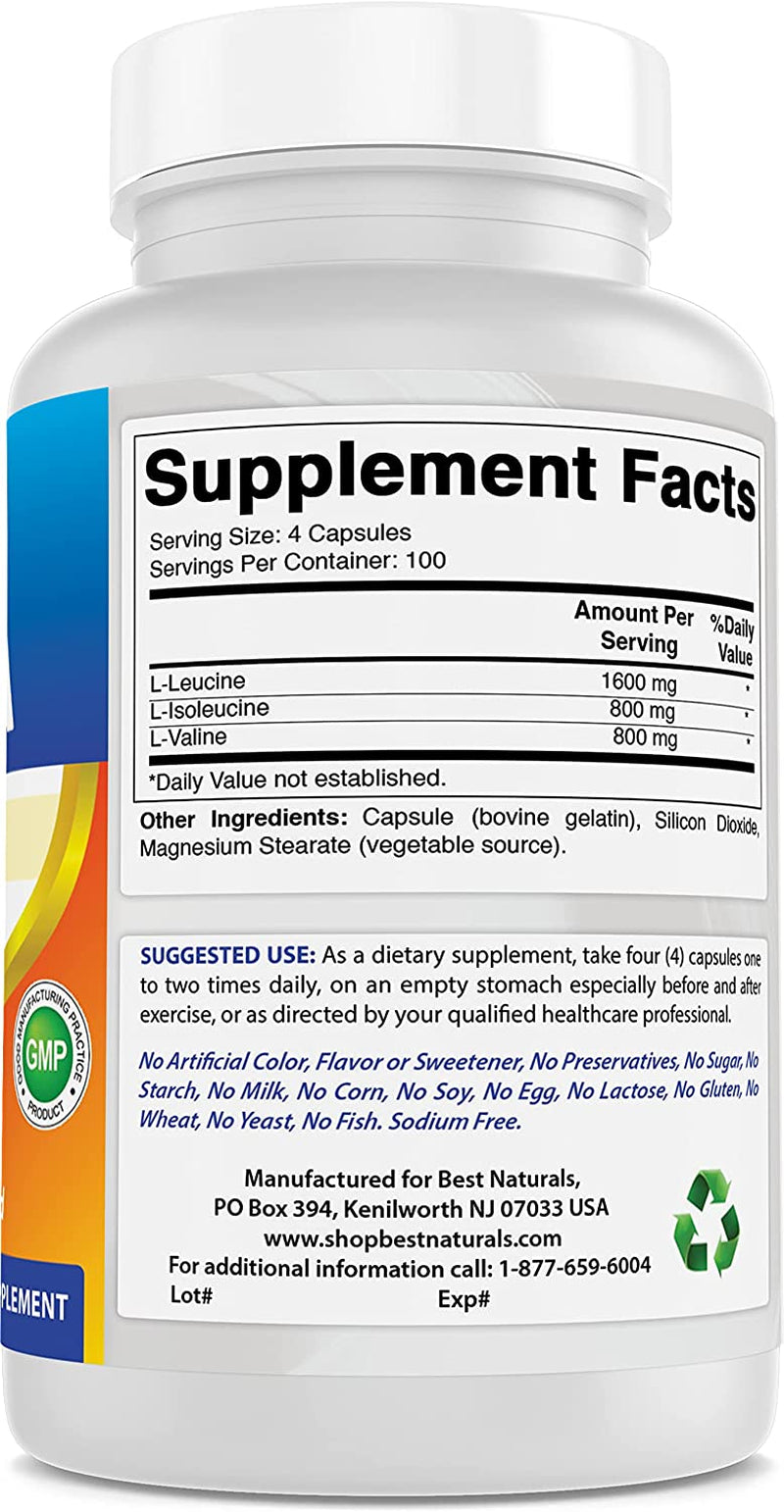 Best Naturals BCAA Branch Chain Amino Acid, 3200Mg per Serving, 400 Capsules - Pharmaceutical Grade - 100% Pure Instantized Formula | Pre/Post Workout Bodybuilding Supplement | Boost Muscle Growth
