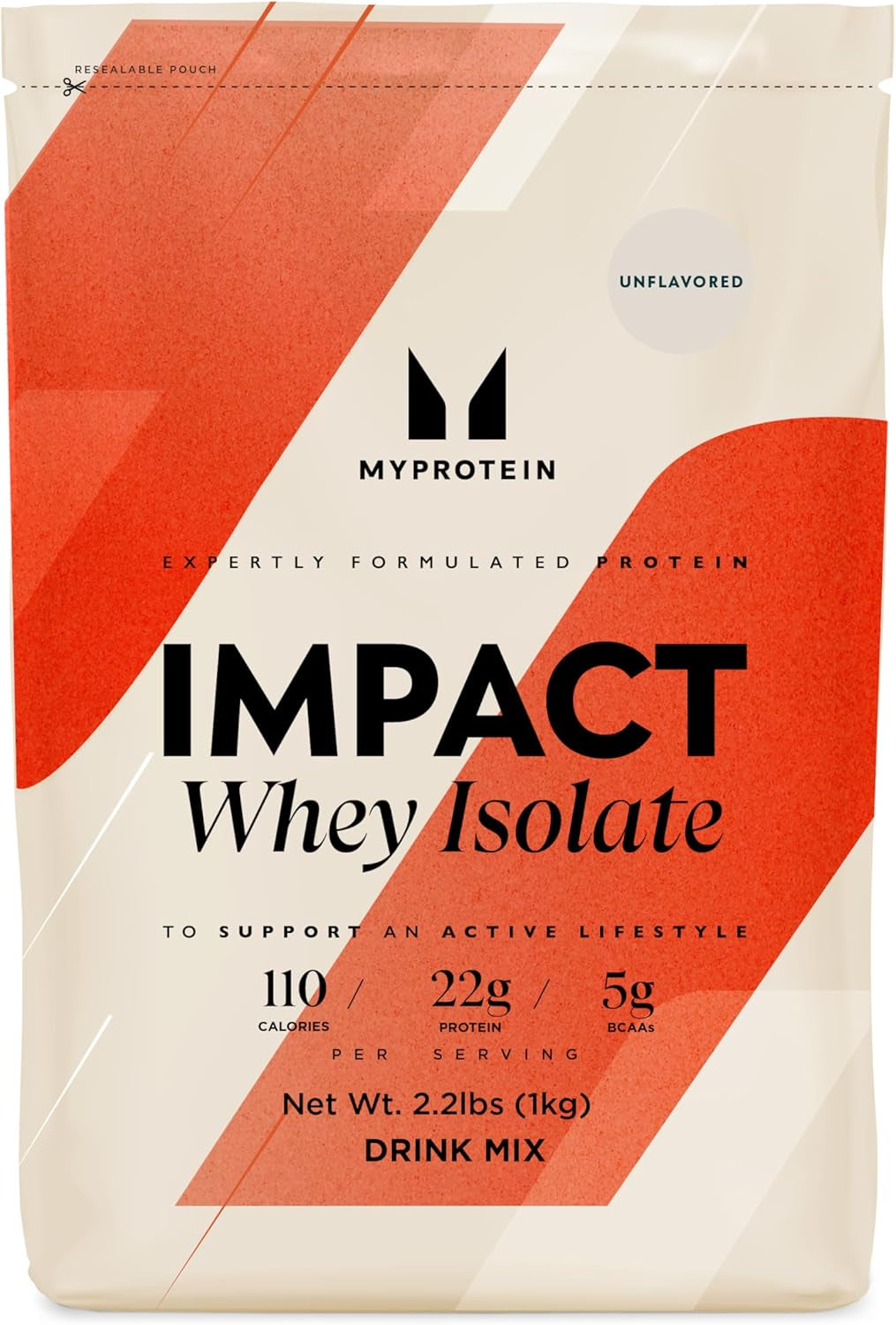 Myprotein Impact Whey Protein Isolate, 2.2 Lbs (40 Servings) Unflavored, 22G Protein, 3.5G Glutamine & 4.5G BCAA per Serving, Protein Shake for Muscle Strength & Recovery