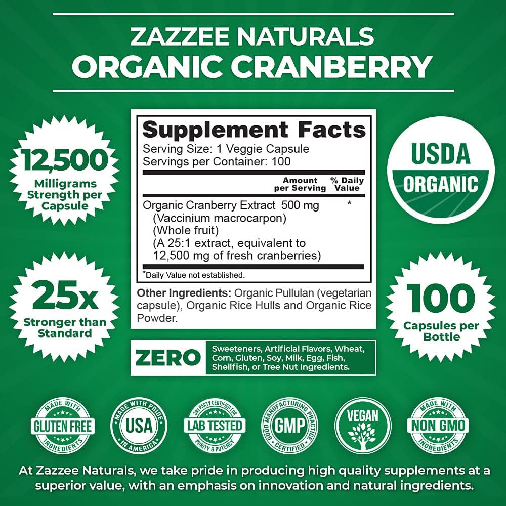 Zazzee USDA Organic Cranberry 25:1 Extract, 12,500 Mg Strength, 100 Vegan Capsules, over 3 Month Supply, Standardized, Concentrated 25X Extract, 100% Vegetarian, Certified Organic, Non-Gmo All-Natural 