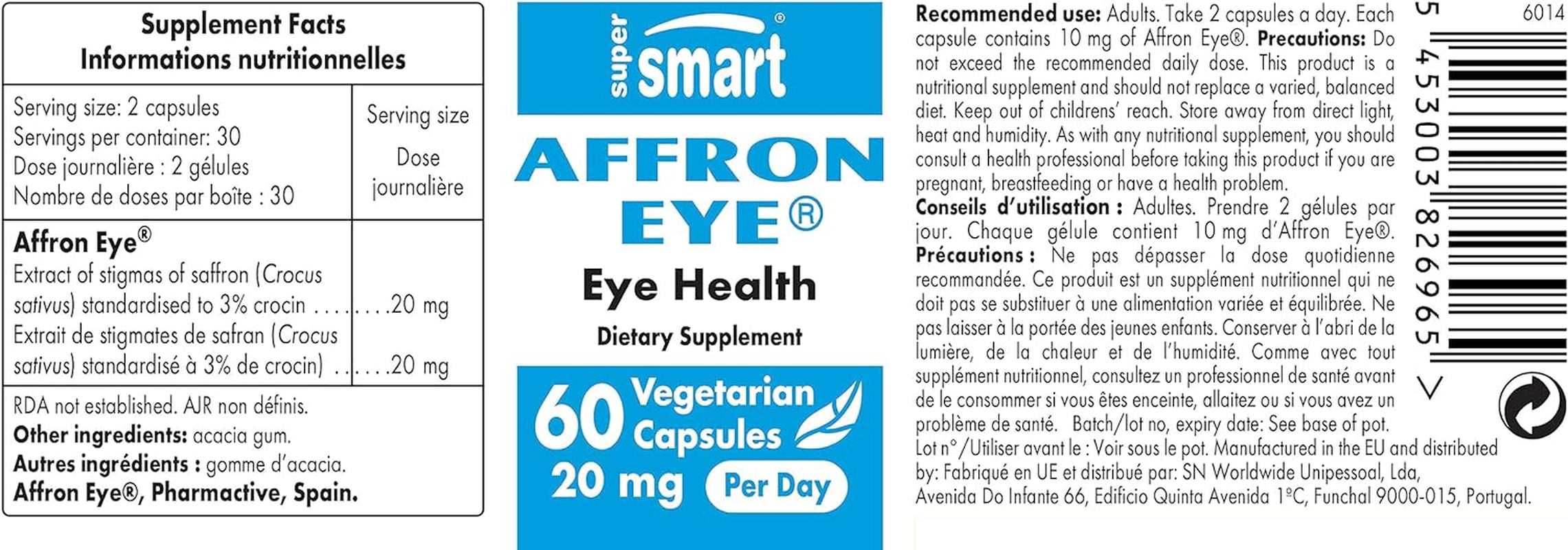 '- Affron Eye 20Mg per Day - Saffron Supplement 3% Crocin - Saffron Stigma Extract (Crocus Sativus) - Eye Vitamins - Macular Support | Non-Gmo & Gluten Free - 60 Vegetarian Capsules