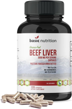 Basic Nutrition Pasture Raised Grass Fed Grass Finished Beef Liver Capsules | 3000Mg Serving | 100% Hormone Free Desiccated, Undefatted Beef Liver with No Fillers, Non-Gmo, Pesticide Free, Gluten-Free 