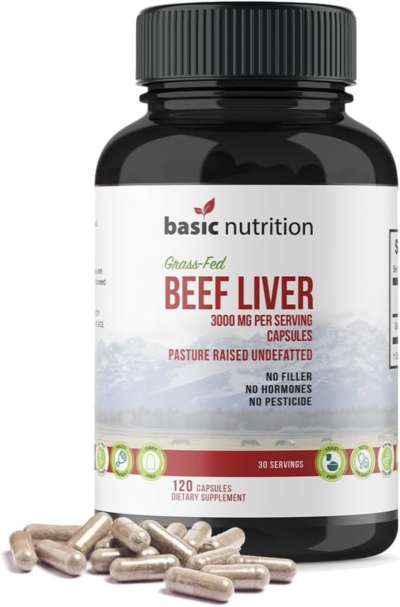 Basic Nutrition Pasture Raised Grass Fed Grass Finished Beef Liver Capsules | 3000Mg Serving | 100% Hormone Free Desiccated, Undefatted Beef Liver with No Fillers, Non-Gmo, Pesticide Free, Gluten-Free