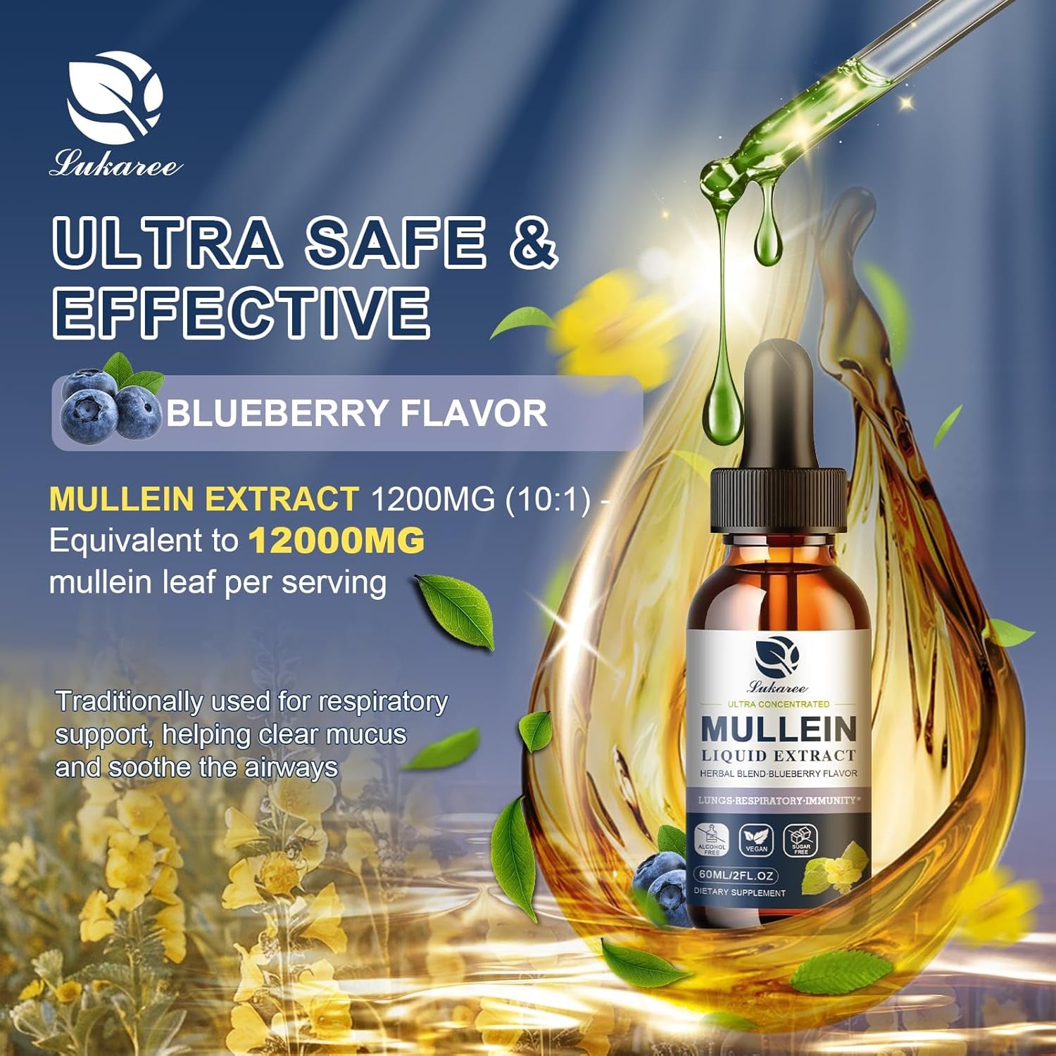 Mullein Drops for Lungs, Lung Detox & Cleanse, 720,000‬Mg Mullein Leaf Extract Tincture with Chlorophyll, Elderberry, Etc, Vegan Herbal Supplement for Immune Respiratory, Blueberry Flavor