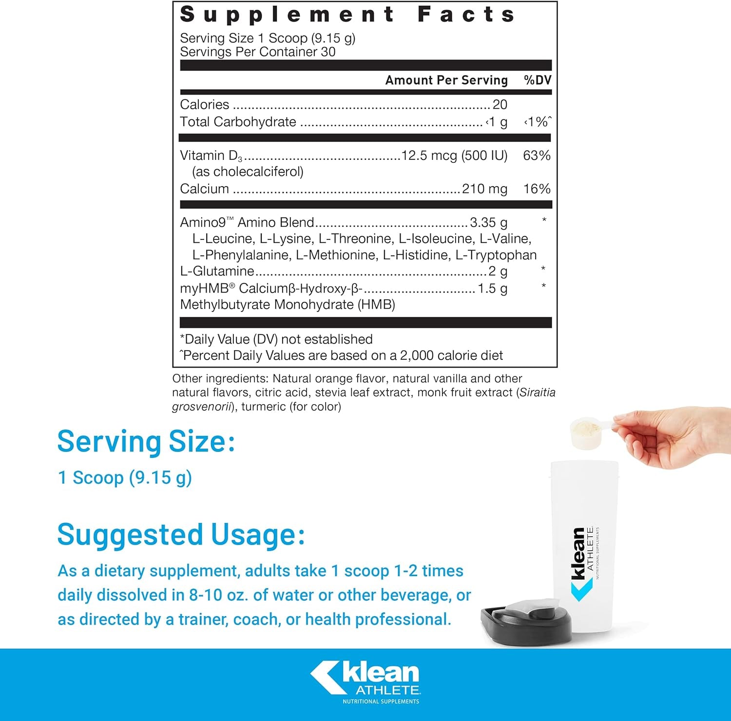 Klean ATHLETE Klean Essential Aminos + HMB - Blend of Essential Amino Acids - with HMB, Vitamin D3 & Glutamine for Lean Muscle Mass - 9.7 Ounces - Natural Orange Cream Flavor