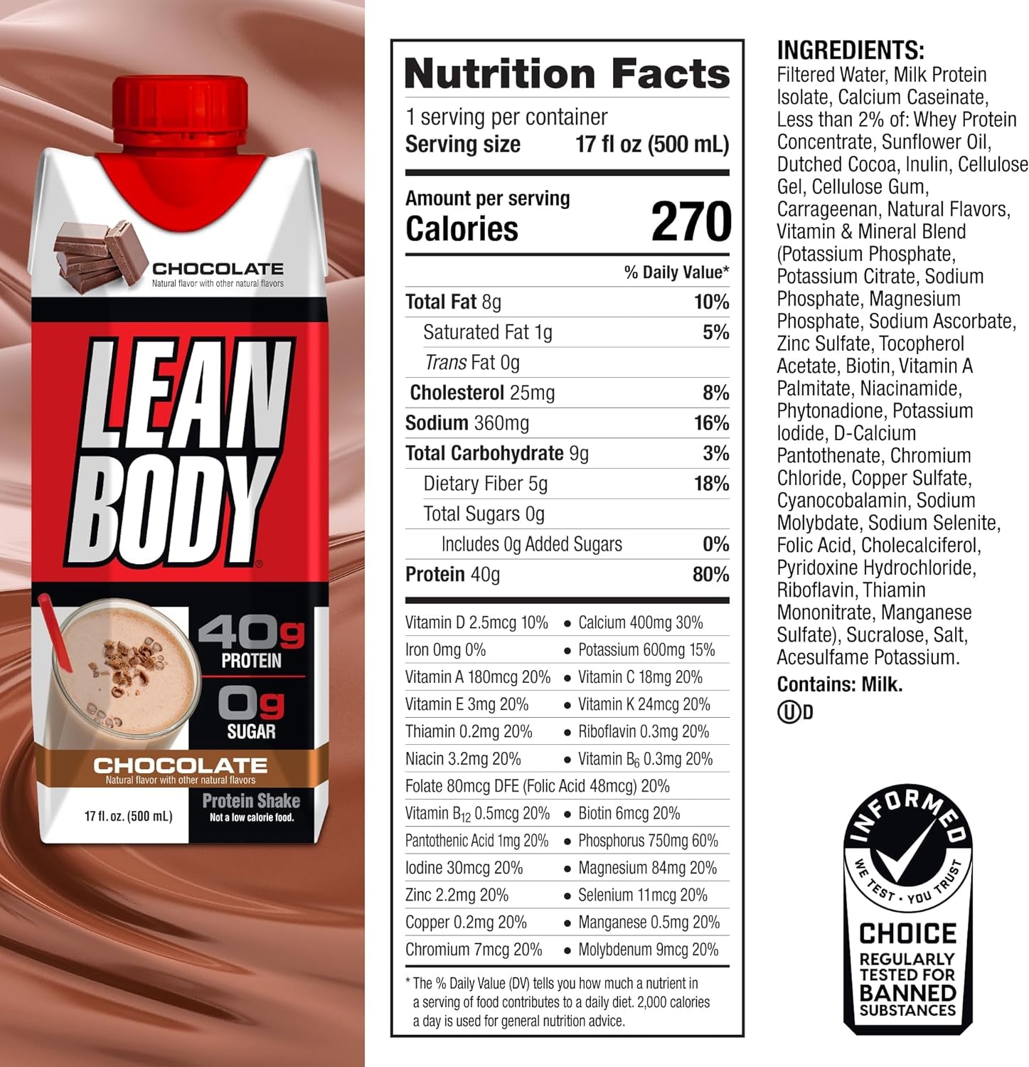 Lean Body Ready-To-Drink Cookies and Cream Protein Shake, 40G Protein, Whey Blend , 0 Sugar, Gluten No, 22 Vitamins & Minerals, (Recyclable Carton & Lid - Pack of 12) LABRADA , 17 Fl Oz (Pack of 12)