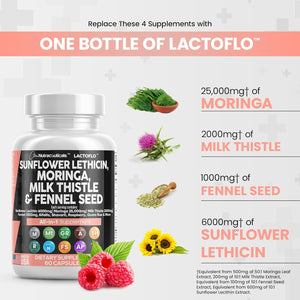 Sunflower Lecithin 6000Mg Lactation Supplement with Moringa 25000Mg Milk Thistle 2000Mg Fennel Seed 2000Mg plus Goats Rue, Shatavari, Alfalfa, & Nettle for Breastfeeding USA 60 Ct