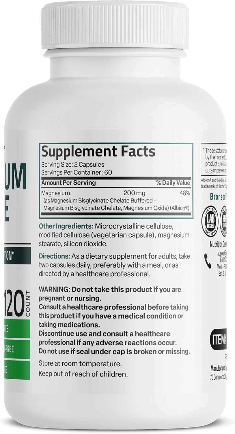 Bronson Magnesium Glycinate 200 MG per Serving Chelated for High Absorption, Gentle on Stomach, Non-Gmo, 60 Vegetarian Capsules