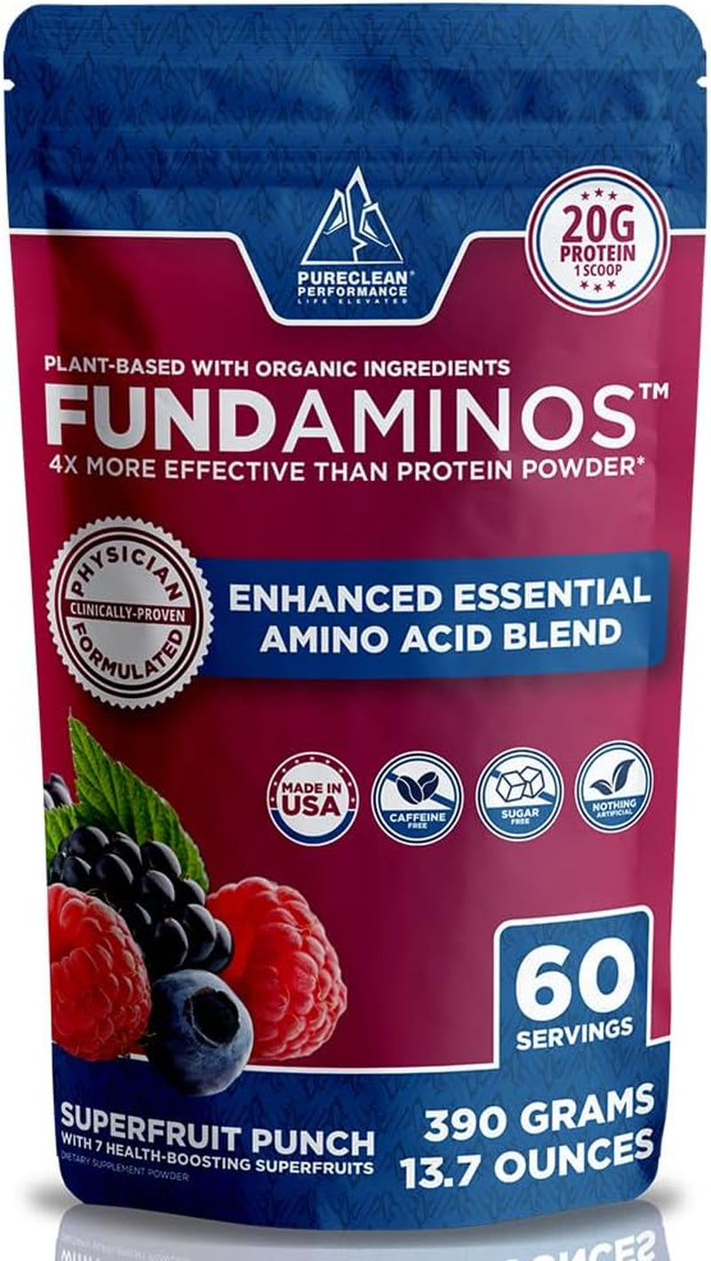 Fundaminos Blend - 100% Organic & Vegan EAA & BCAA Powder for 400% Greater Lean Muscle, Faster Recovery & Strength Vs. Protein Powder - Clinically Tested Post Workout - Real Superfruits - 60 Servings 