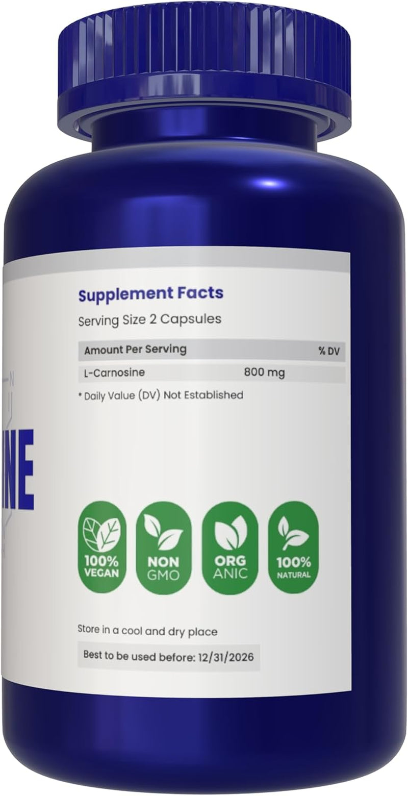 L-Carnosine 400Mg Capsules, 180 Count, L-Carnosine Supplement for Immune Support, Cellular Health, Energy Production, and Performance Enhancement 
