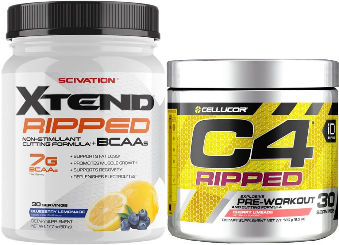 Cellucor C4 Ripped Pre Workout Powder + Fat Burner, Cherry Limeade, 30 Servings + Scivation Xtend Ripped BCAA Powder, Blueberry Lemonade, 30 Servings 