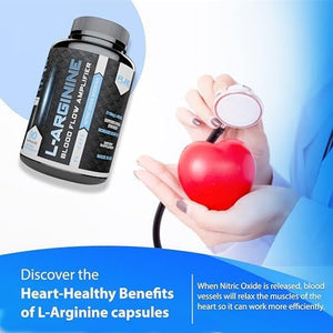 L Arginine Capsules, Nitric Oxide Booster, Amino Acid Supplement for Men and Women, Helps Build Muscle & Strength and Boost Energy, Blood Flow Support - 90 Caps