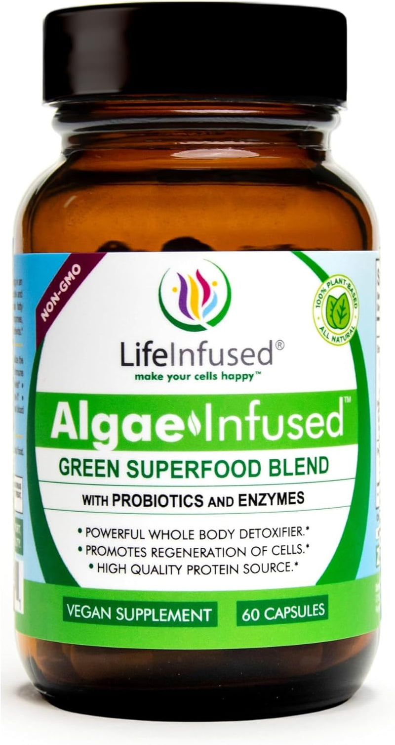 Life Infused Algae Infused - Premium Green Superfood Blend, Spirulina, Chlorella, Probiotics & Enzyme for More Energy, Digestion, Detox & Immune Support: 60 Caps