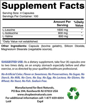 Best Naturals BCAA Branch Chain Amino Acid, 3200Mg per Serving, 400 Capsules - Pharmaceutical Grade - 100% Pure Instantized Formula | Pre/Post Workout Bodybuilding Supplement | Boost Muscle Growth