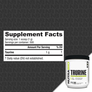 Nutrabio Taurine Supplement Powder, Better Energy Levels & Digestion, Reduce Muscle Cramps, 500 Grams - 1000Mg Serving 