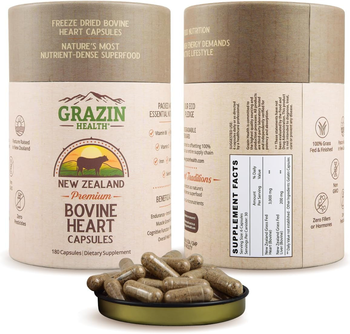 Grass Fed Bovine Heart: 3000 Mg Heart/ 200 Mg Liver/Serving (30 Servings) 