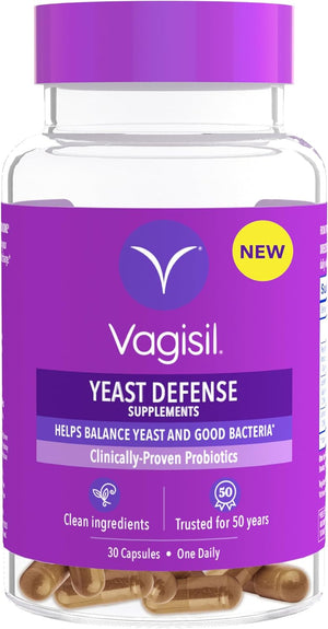 Vagisil Yeast Defense Supplements, Helps Balance Yeast and Good Bacteria, Clinically-Proven Probiotics, Clean Ingredients, Promotes a Healthy Vaginal Microbiome, Just 1 Capsule Daily, 30 Capsules