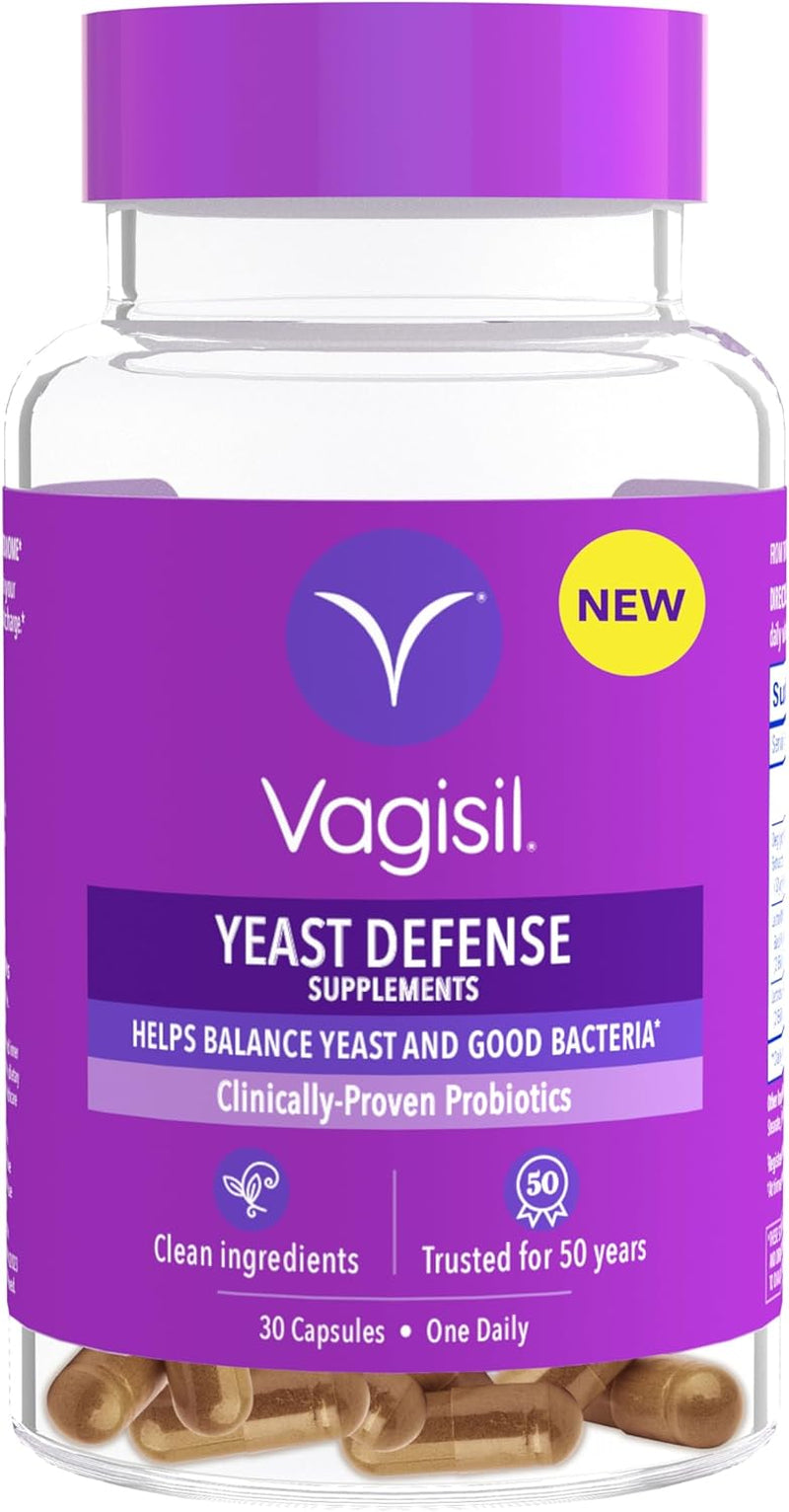 Vagisil Yeast Defense Supplements, Helps Balance Yeast and Good Bacteria, Clinically-Proven Probiotics, Clean Ingredients, Promotes a Healthy Vaginal Microbiome, Just 1 Capsule Daily, 30 Capsules
