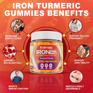 Sugar Free Iron Gummies 18Mg for Women Men, Iron Bisglycinate Supplement Gummies with Vitamin C, Turmeric & Folate - Blood Builder for Iron Deficiency, Anemia & Energy, Non-Constipating (1 PACK)