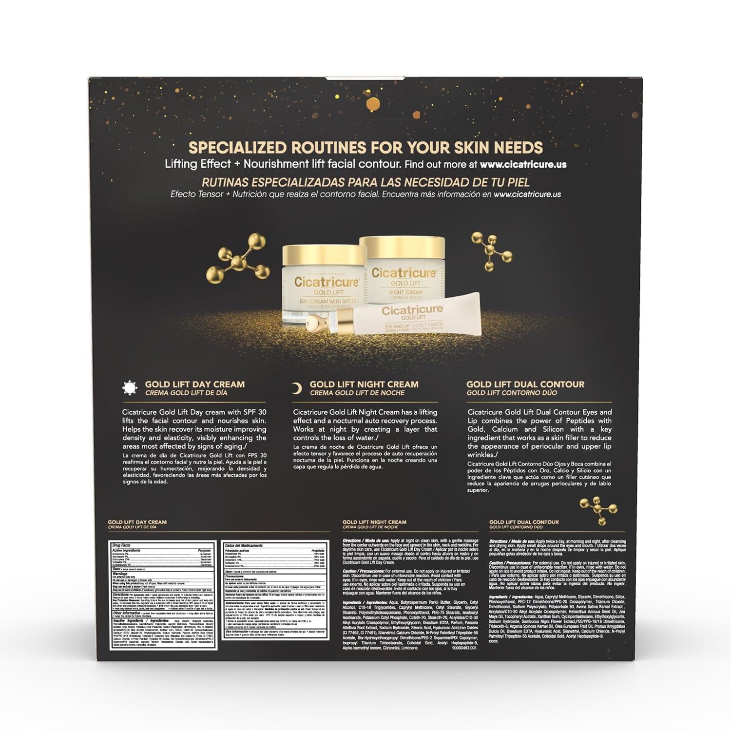 CICATRICURE Gold Lift anti Gravitational Wrinkles Skin Care Gift Set with Day Anti-Wrinkle Cream + SPF 30 , Night Anti-Wrinkle Cream & Dual Contour Eye and Lip Wrinkle Cream, 3 Piece Set