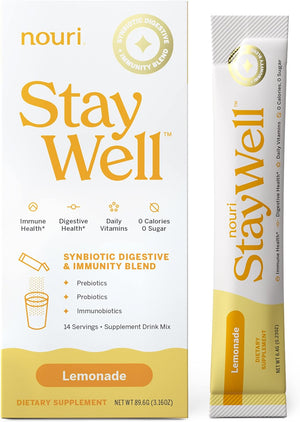 Nouri Staywell Lemonade Synbiotic Digestive + Immunity Blend, Prebiotics and Probiotics, Powder Stick Pack for Digestive and Immune Health, 0 Calories, 0 Sugar - 14-Count (Lemonade)