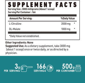 L-Citrulline Malate 2:1 Powder, Pure L Citrulline Malate Supplement Pre Workout Powder, Unflavored, No Additives (500G-1.1Lbs)