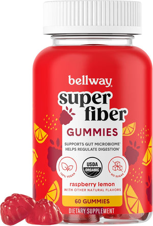 Bellway Super Fiber Gummies for Adults - Sugar Free Organic Fiber Supplement Gummies with 4G of Fiber per Serving - Prebiotic Chicory Root Fiber for Digestive Gut Health, Raspberry Lemon, 60 Count