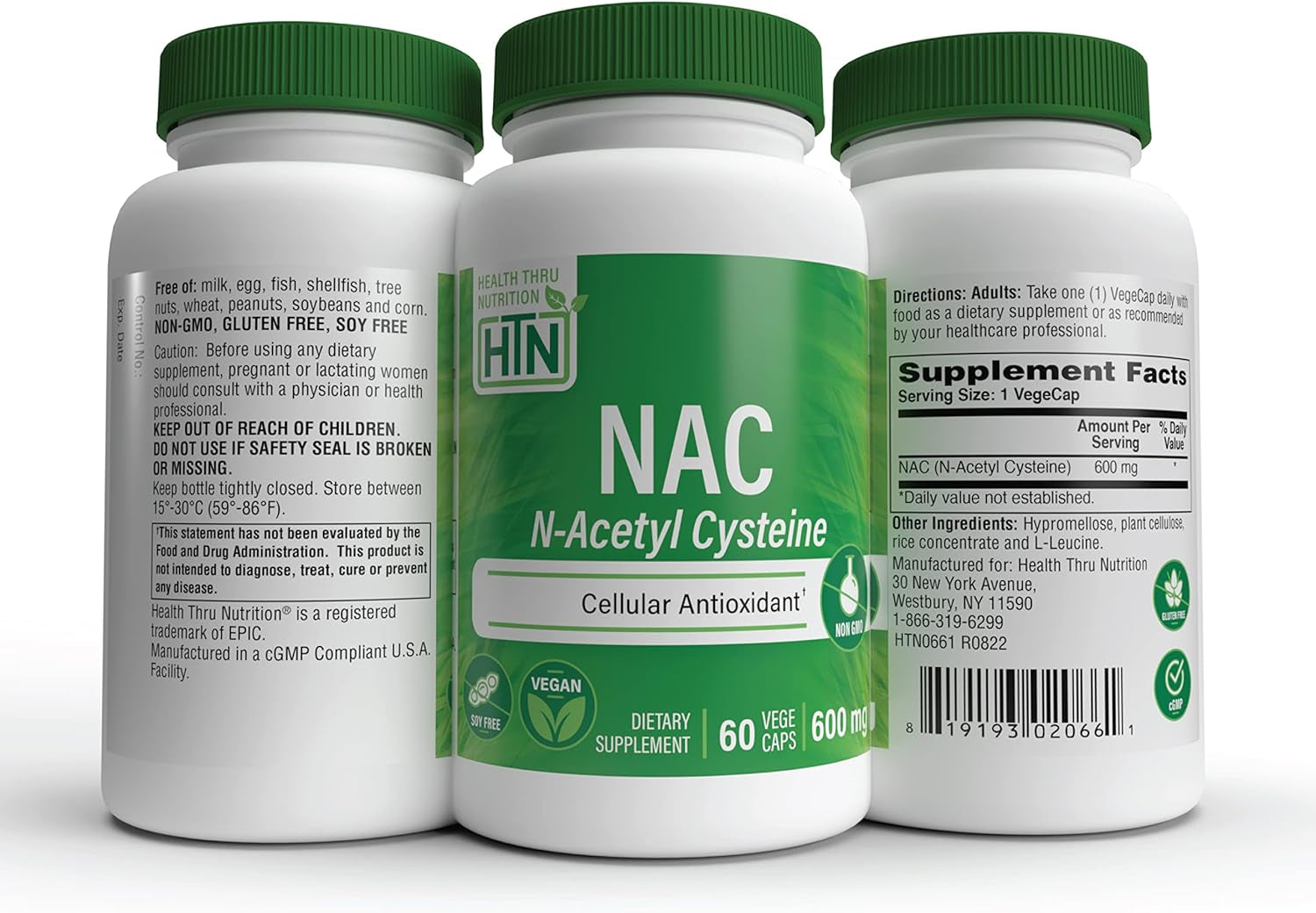 Health Thru Nutrition NAC N-Acetyl-Cysteine 600Mg 60 Capsules | Vegan Certified | the Purest NAC Supplement | Supports Healthy Lung, Liver Functions & Cellular Health | Non-Gmo Soy & Gluten Free