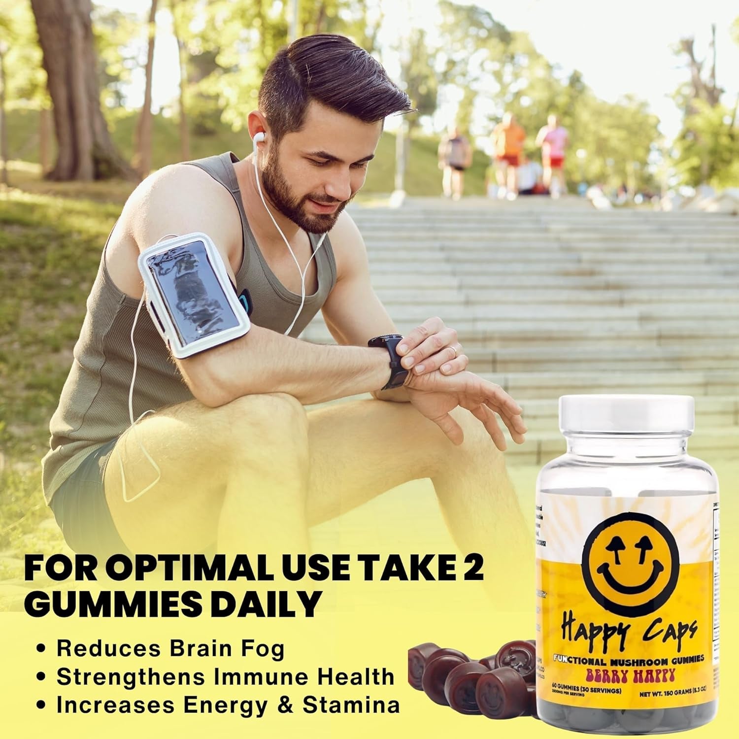 Functional Mushroom Gummies - Lions Mane, Cordyceps, Chaga, Reishi - Immune System Booster & Nootropic Brain Supplement - 60 Gummies (1)