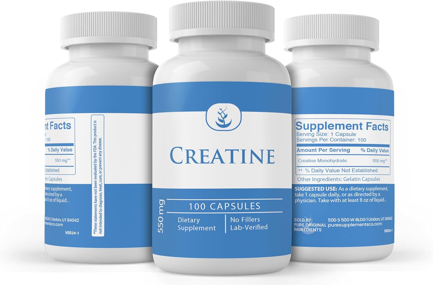PURE ORIGINAL INGREDIENTS Creatine, (100 Capsules) Always Pure, No Additives or Fillers, Lab Verified