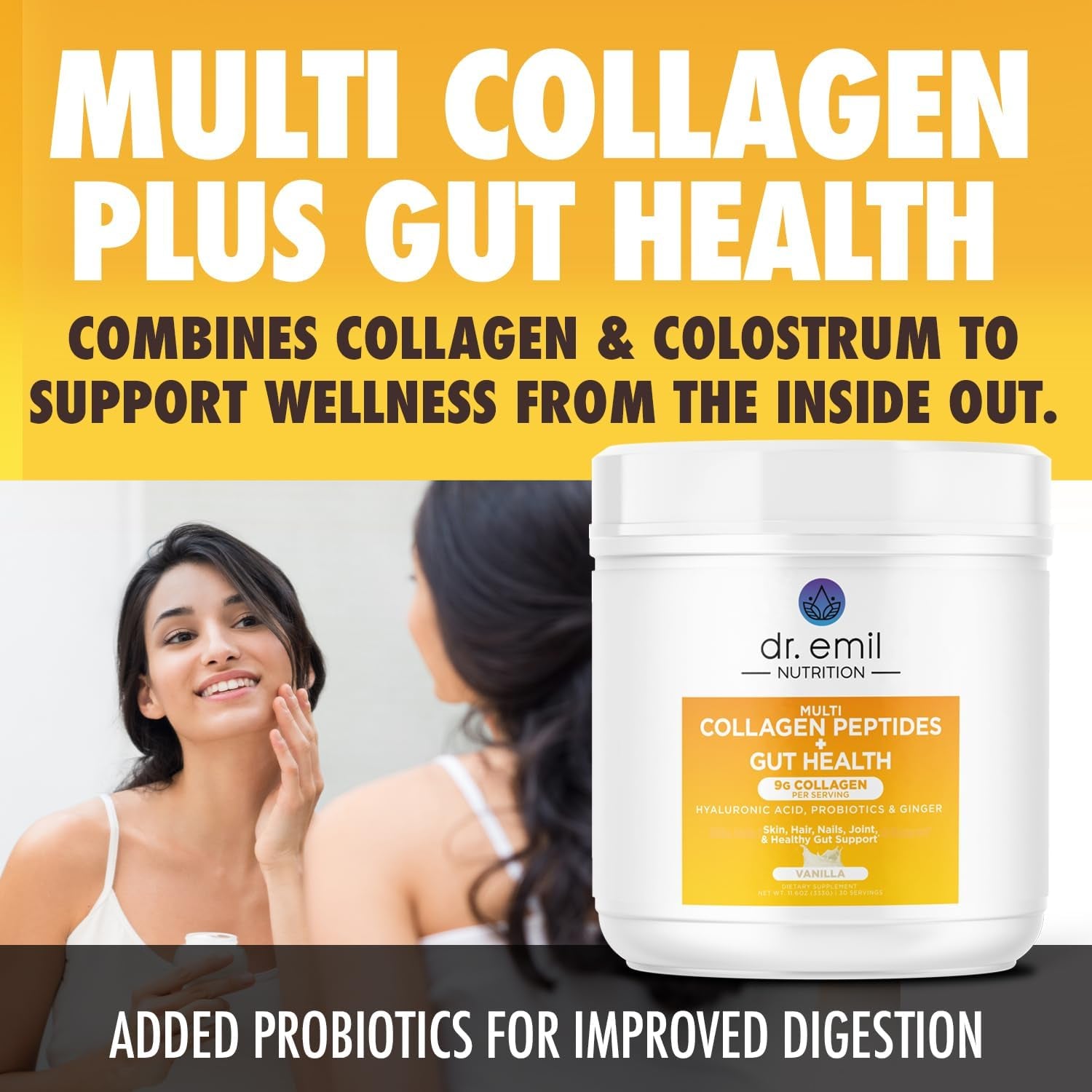 DR. EMIL NUTRITION Collagen Peptides Powder plus Gut Health Supplement - Collagen Powder for Women with Colostrum & Probiotics for Gut Support & Immunity - Collagen Supplements for Hair, Skin & Nails