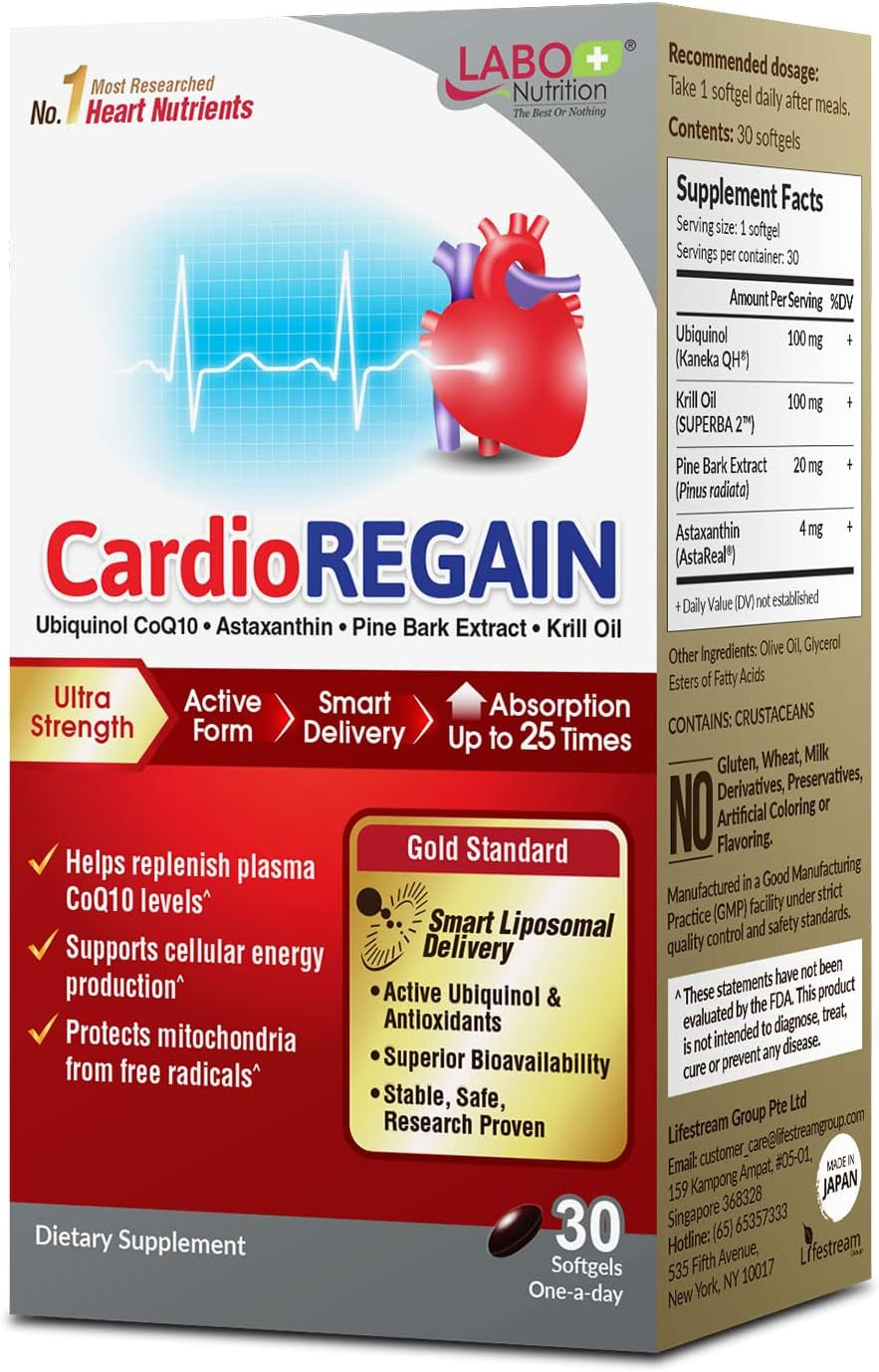 LABO Nutrition Cardioregain, Ubiquinol Coq10 with Kaneka QH 100Mg, Pine Bark Extract, Astaxanthin, Heart Health & Cellular Energy. up to 25X Higher 