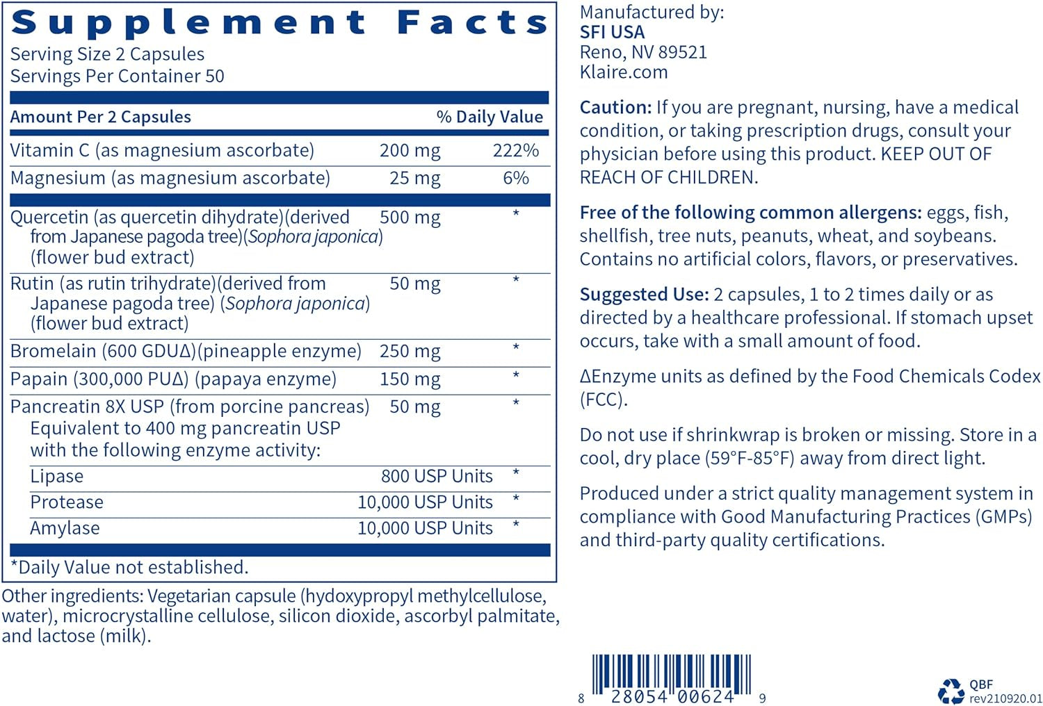 Klaire Labs Quercetin-Bromelain Forte - Immune & Seasonal Support Enzymes with Pancreatic, Proteolytic, Bromelain, Papain Enzymes & Bioflavonoids (100 Capsules)