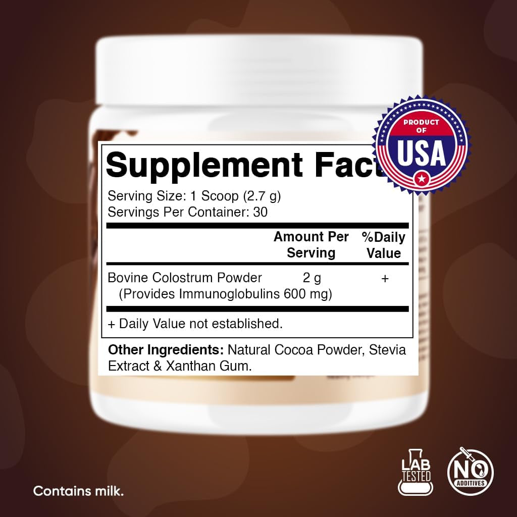 Vitamatic Bovine Colostrum Powder - Supplement for Gut Health, Hair Growth, Beauty, Muscle Recovery, & Immune Support - Easy to Mix - 30 Servings (Unflavored) (30 Servings, Chocolate) 