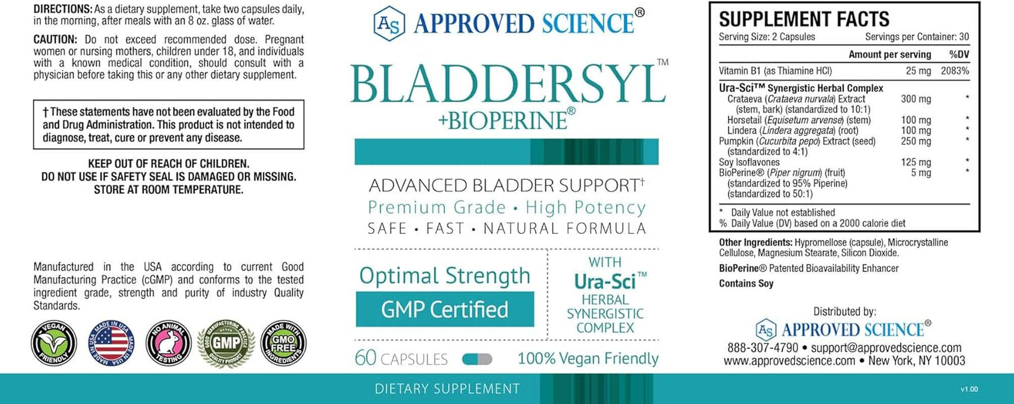 Approved Science Bladdersyl - Urinary Incontinence, Bladder Support - High Absorption - 180 Capsules - 3 Month Supply - Vegan